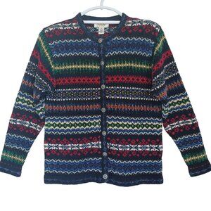 Talbots Sweater Cardigan Chenille Button Front Black Multi Stripe Womens Petite